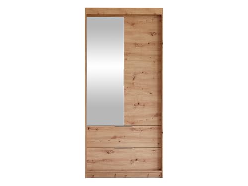 Mirjan24 Drehtürenschrank Mrynit 103, Kleiderschrank 2 Schubladen, Kleiderstange, Garderobenschrank mit Einlegeböden und Spiegel, Jugendzimmer (Artisan Eiche) von Mirjan24