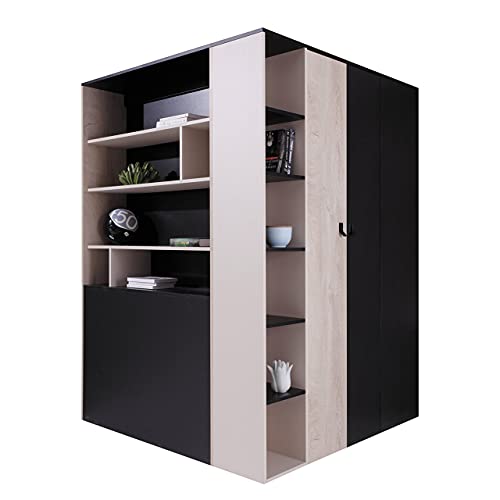 Mirjan24 Eckkleiderschrank Cinga CA01, Drehtürenschrank mit Kleiderstange, Schubladen und Einlegeböden, Eckschrank, Kleiderschrank für Kinderzimmer (Schwarz/Eiche/Beige, mit weißer LED Beleuchtung) von Mirjan24