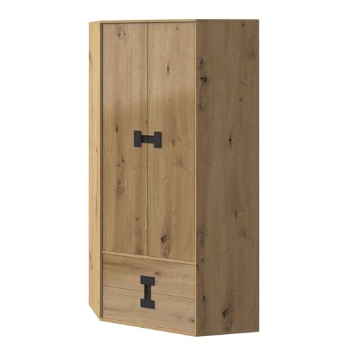 Mirjan24 Eckkleiderschrank Satton SA02, Drehtürenschrank mit Kleiderstange, Fächer und 2 Schubladen, Eckschrank, Kleiderschrank für Kinderzimmer (Artisan Eiche/Artisan Eiche Hochglanz) von Mirjan24