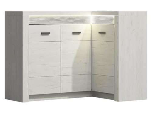 Mirjan24 Eckkommode Indiano I-15K, Kommode, Mehrzweckschrank Anrichte Diele Flur Esszimmer (Kraft Weiss, mit warmweißer LED-Beleuchtung) von Mirjan24