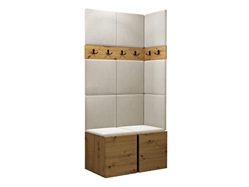 Mirjan24 Garderoben-Set Monati I, Schuhschrank + Kleiderhakenbrett und Gepolstertes Paneel/Wandpaneel, Kleiderhaken, Flurgarderobe, Schrank, Wandgarderobe (Eiche Artisan/Schwarz, Manila 02) von Mirjan24