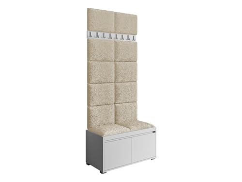 Mirjan24 Garderoben-Set Najas 80, Schuhschrank + Kleiderhakenbrett, 8 Kleiderhaken, Flurgarderobe, Wandgarderobe, Schrank (Abriamo 03, 12 Stück gepolsterte Wandpaneele Samit 40 x 30 cm) von Mirjan24