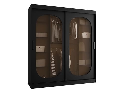 Mirjan24 Kleiderschrank Bimaza 180 mit Schubladen und Glastüren - Rauchglas, Schiebetürenschrank mit einlegeböden und Kleiderstange, Garderobenschrank (Schwarz, ohne Beleuchtung) von Mirjan24