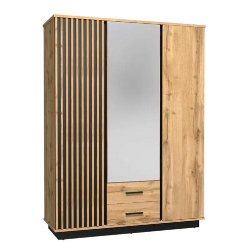 Mirjan24 Kleiderschrank Lanimo LA15 mit dekorative Lamellen, 3 Türen, 2 Schubladen, 6 Facher, Spiegel, Drehtürenschrank mit Kleiderstange, Schlafzimmerschrank (Wotan Eiche/Wotan Eiche + Schwarz) von Mirjan24