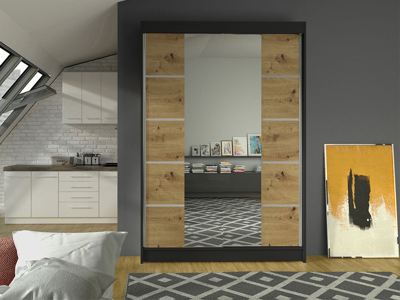 MIRJAN24 Kleiderschrank Lino V (Schiebetürenschrank mit Kleiderstange, Spiegel) Garderobenschrank, Schlafzimmerschrank, 2-türig von MIRJAN24