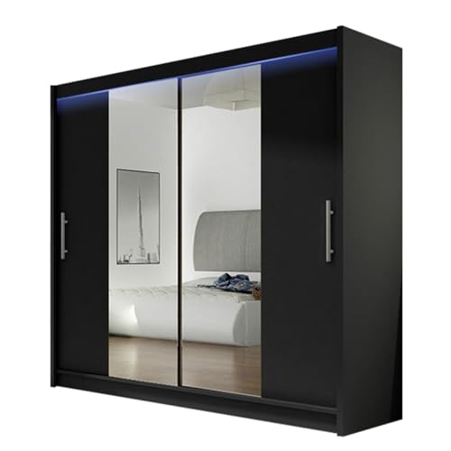 Mirjan24 Kleiderschrank London II mit Spiegel und RGB LED Beleuchtung, Schiebetürenschrank, Schwebetürenschrank, Modernes Schlafzimmerschrank 180x215x58cm, Garderobe, Schlafzimmer (Schwarz) von Mirjan24