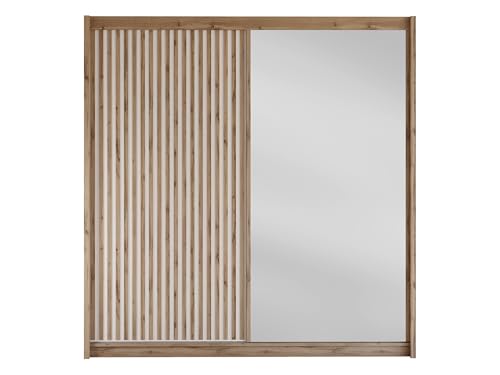 Mirjan24 Kleiderschrank Lylkun 203 L mit Spiegel, Schiebetürenschrank mit Einlegeböden und 2 Kleiderstangen, Schlafzimmerschrank, Garderobenschrank (Wotan Eiche + Weiß) von Mirjan24