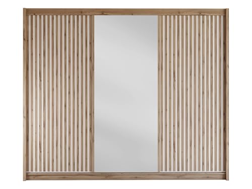 Mirjan24 Kleiderschrank Lylkun 250 L mit Spiegel, Schiebetürenschrank mit Einlegeböden, 2 Schubladen und Kleiderstange, Garderobenschrank (Wotan Eiche + Weiß) von Mirjan24