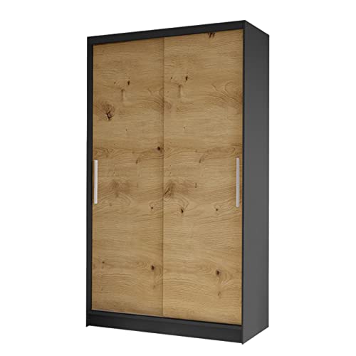 Mirjan24 Kleiderschrank Margite I mit Kleiderstange und 5 Fächer, Schlafzimmerschrank Schiebetürenschrank Flurschrank Garderobenschrank Dielenschrank Schwebetürenschrank (schwarz/Artisan Eiche) von Mirjan24