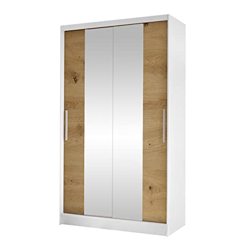 Mirjan24 Kleiderschrank Margite II mit 2 Spiegel, Kleiderstange und 5 Fächer, Schlafzimmerschrank, Flurschrank, Garderobenschrank, Dielenschrank, Schwebetürenschrank (weiß/Artisan Eiche) von Mirjan24