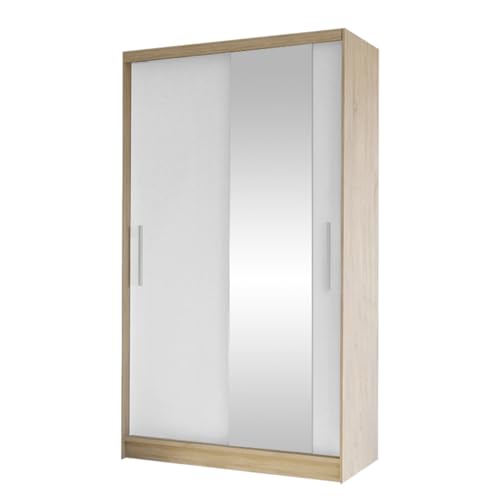 Mirjan24 Kleiderschrank Margite VI mit Spiegel, Kleiderstange und 5 Fächer, Schlafzimmerschrank, Flurschrank, Garderobenschrank, Dielenschrank, Schwebetürenschrank (Sonoma Eiche/weiß) von Mirjan24