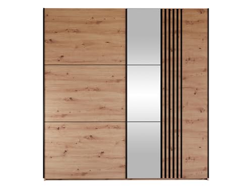 Mirjan24 Kleiderschrank Sitakiz 203 mit Spiegel, Schiebetürenschrank mit Einlegeböden und 2 Kleiderstangen, Schlafzimmerschrank, Garderobenschrank (Artisan Eiche + Schwarz) von Mirjan24