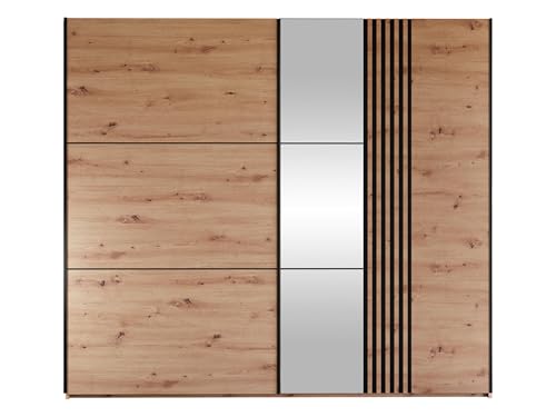 Mirjan24 Kleiderschrank Sitakiz 250 mit Spiegel, Schiebetürenschrank mit Einlegeböden, 2 Schubladen und 3 Kleiderstangen, Garderobenschrank (Artisan Eiche + Schwarz) von Mirjan24