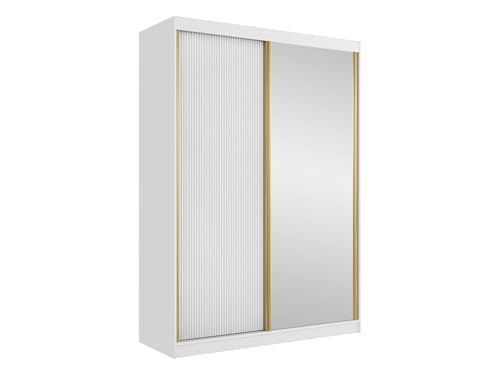 Mirjan24 Kleiderschrank Tireno 2D mit Spiegel, Kleiderstange und 6 Fächer, geriffelte Fronten, Schlafzimmerschrank, Flurschrank, Garderobenschrank, Dielenschrank (Weiß) von Mirjan24