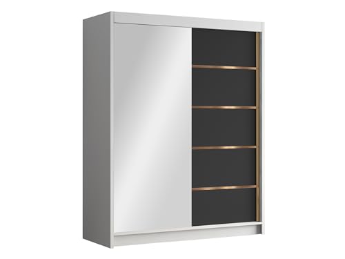 Mirjan24 Kleiderschrank mit Goldverzierung Femosa III 150 cm Breit, Garderobenschrank mit Spiegel, Schlafzimmerschrank mit Kleiderstange und Einlegeböden für Kleidung (Weiß/Schwarz) von Mirjan24