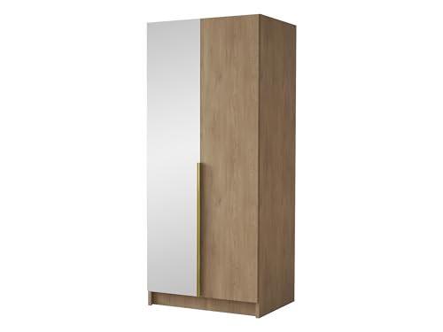 Mirjan24 Kleiderschrank mit Spiegel, Einlegeböden und Kleiderstange Borton II, Vielseitiger Drehtürenschrank, Elegantes klein 2-türig Kleiderschrank (Eiche Cremona + Gold) von Mirjan24