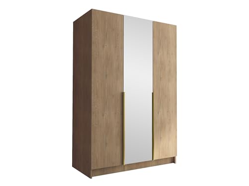Mirjan24 Kleiderschrank mit Spiegel, Einlegeböden und Kleiderstange Cikzori II, Vielseitiger Drehtürenschrank, Elegantes Kleiderschrank 3-türig (Eiche Cremona + Gold) von Mirjan24