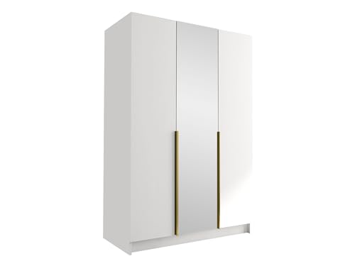 Mirjan24 Kleiderschrank mit Spiegel, Einlegeböden und Kleiderstange Cikzori II, Vielseitiger Drehtürenschrank, Elegantes Kleiderschrank 3-türig (Weiß/Weiß + Gold) von Mirjan24