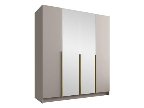 Mirjan24 Kleiderschrank mit Spiegel, Einlegeböden und Kleiderstange Salkor II, Vielseitiger Drehtürenschrank, Elegantes Kleiderschrank 4-türig (Cashmere/Cashmere + Gold) von Mirjan24
