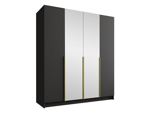 Mirjan24 Kleiderschrank mit Spiegel, Einlegeböden und Kleiderstange Salkor II, Vielseitiger Drehtürenschrank, Elegantes Kleiderschrank 4-türig (Schwarz/Schwarz + Gold) von Mirjan24