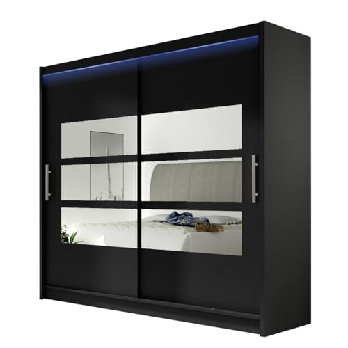 Mirjan24 Kleiderschrank mit Spiegel London III, Schwebetürenschrank, 180x215x58cm, Schiebetürenschrank, Modernes Schlafzimmerschrank Garderobe, Schlafzimmer (Schwarz, mit RGB LED Beleuchtung) von Mirjan24