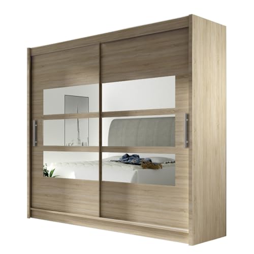 Mirjan24 Kleiderschrank mit Spiegel London III, Schwebetürenschrank, 180x215x58cm, Schiebetürenschrank, Modernes Schlafzimmerschrank Garderobe, Schlafzimmer (Sonoma, ohne Beleuchtung) von Mirjan24