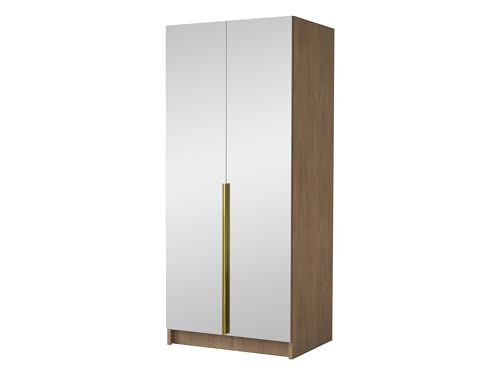 Mirjan24 Kleiderschrank mit Spiegeltüren, Einlegeböden und Kleiderstange Borton III, Vielseitiger Drehtürenschrank, Elegantes klein 2-türig Kleiderschrank (Eiche Cremona + Gold) von Mirjan24