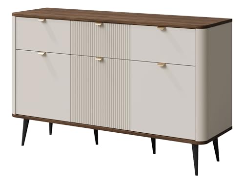 Mirjan24 Kombikommode Rotevio 3S3D RT10 mit 3 Türen, 3 Schubladen und Einlegeböden, Sideboard mit abgerundeten Seiten, Wohnzimmerkommode (Cashmere + Nuss) von Mirjan24