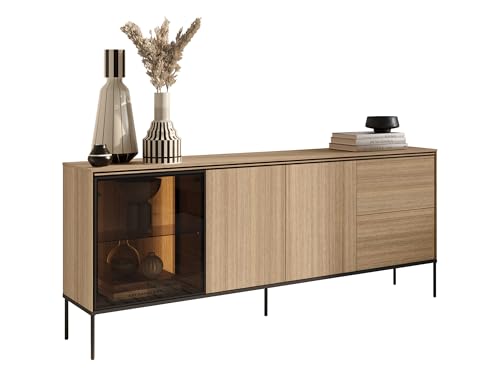 Mirjan24 Kommode 2D1W2S Visso VI-06 mit 3 Türen, 2 Schublade und Einlegeböden, Metallfüße, LED-Beleuchtung im Set, Push to Open, Türkommode, Highboard, Anrichte (Eiche Linear) von Mirjan24
