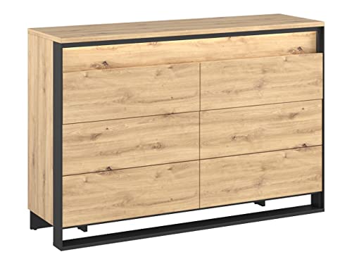 Mirjan24 Kommode 6S Quant QS-04 Sideboard mit 6 Schubladen, gedämpftem Schließsystem, Mehrzweckschrank, Highboard, Anrichte, Naturtöne, Wohnzimmerschrank (Eiche Artisan/Eiche Artisan + Schwarz) von Mirjan24