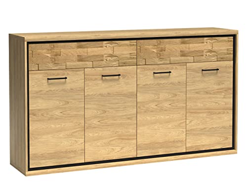 Mirjan24 Kommode Berspe BP08 mit 2 Schubladen und 4 Türen, Gedämpftem Schließsystem, Anrichte, Sideboard, Highboard, Wohnzimmer (Hikora Natur + Holzdekor, ohne Beleuchtung) von Mirjan24