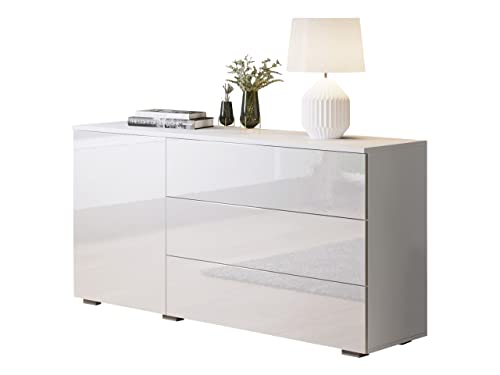 Mirjan24 Kommode Bevrato 110 mit 3 Schubladen und Tür, Sideboard, Anrichte, B:H:T: 110x68x39 cm, Highboard, Mehrzweckschrank, Wohnzimmer (Weiß/Weiß Hochglanz) von Mirjan24