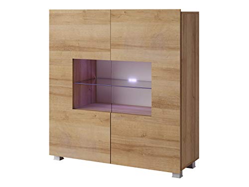 Mirjan24 Kommode Calabrini BR01 mit 2 Türen, Sideboard, Anrichte, 100x107x35 cm, Highboard, Mehrzweckschrank, Wohnzimmer (Eiche Gold, mit Blauer LED Beleuchtung) von Mirjan24