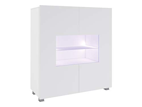 Mirjan24 Kommode Calabrini BR01 mit 2 Türen, Sideboard, Anrichte, 100x107x35 cm, Highboard, Mehrzweckschrank, Wohnzimmer (Weiß/Weiß Hochglanz, mit Blauer LED Beleuchtung) von Mirjan24