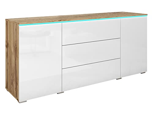 Mirjan24 Kommode Doppo 150 mit 3 Schubladen und 2 Türen, Griffloses Öffnungssystem, Anrichte, Sideboard, Highboard, Mehrzweckschrank, Wohnzimmer (Wotan/Weiß Hochglanz, mit RGB LED Beleuchtung) von Mirjan24