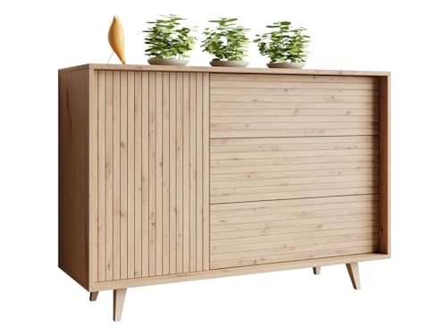 Mirjan24 Kommode Ferido 1D3SZ mit Tür und 3 Schubladen, gefräster Front, Griffloses Öffnungssystem, Highboard, Anrichte, Sideboard, Mehrzweckschrank, Wohnzimmerschrank (Eiche Artisan) von Mirjan24