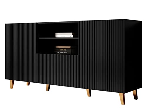 Mirjan24 Kommode Fusbo 150 mit Schublade und 2 Türen, Schubladenkommode, Mehrzweckschrank, Highboard, Sideboard, Wohnzimmer, Esszimmer (Black) von Mirjan24