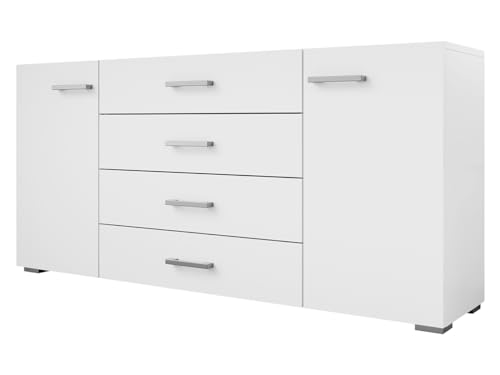 Mirjan24 Kommode Gimren 2D4SZ mit 2 Türen und 4 Schubladen, innen 4 Fächer, Highboard, Anrichte, Sideboard, Mehrzweckschrank, Schlafzimmerkommode (Weiß) von Mirjan24