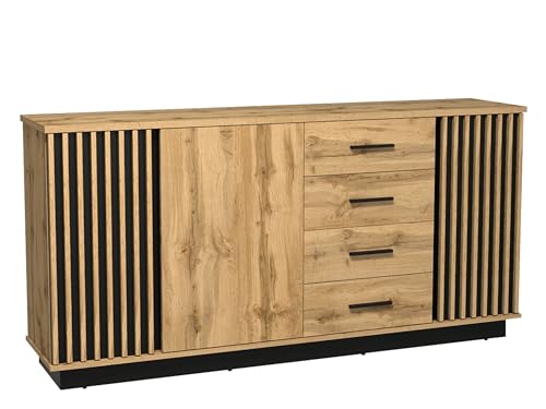 Mirjan24 Kommode Lanimo LA21 mit dekorative Lamellen, 4 Schubladen und 3 Türen, Sideboard, Wohnzimmerschränke, Highboard, Diele, Flur, Mehrzweckschrank, Anrichte (Wotan Eiche/Wotan Eiche + Schwarz) von Mirjan24