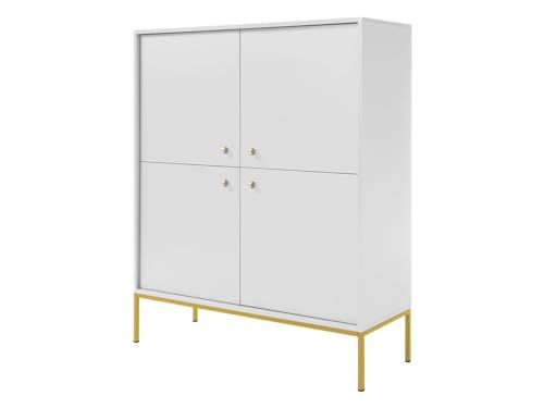 Mirjan24 Kommode Leslin Gold LK104 mit 4 Türen, Anrichte, Sideboard, Mehrzweckschrank, B:104 x H:126 x T:39 cm, Flurkommode, Highboard, Dielenkommode, Esszimmerkommode (Weiß/Weiß + Gold) von Mirjan24