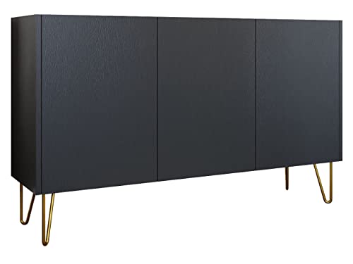 Mirjan24 Kommode Madaris MK144 mit 3 Schubladen, Metallfüße mit Gold pulverbeschichtet, Anrichte, Kombikommode, Mehrzweckschrank, Wohnzimmerschrank (Schwarz Graphit/Marmor Schwarz Royal) von Mirjan24