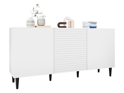 Mirjan24 Kommode Nakomo 2D3SZ mit 3 Schubladen und 2 Türen, geriffelte Fronten, Griffloses Öffnungssystem, Highboard, Anrichte, Sideboard, Mehrzweckschrank, Wohnzimmerschrank (Weiß) von Mirjan24