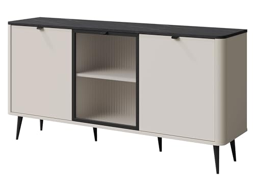 Mirjan24 Kommode Rotevio 2D1W RT07 mit Glastür und Einlegeböden, Sideboard mit abgerundeten Seiten, Wohnzimmerkommode, Kommodenschrank (Cashmere + Steingrau) von Mirjan24