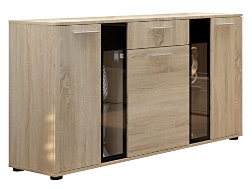 Mirjan24 Kommode Salsa Anrichte Highboard Sideboard Schrank Naturtöne Mehrzweckschrank Wohnzimmerschrank, Anrichte (mit Blauer LED Beleuchtung, Sonoma Eiche) von Mirjan24