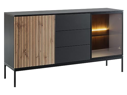 Mirjan24 Kommode Selvix KSZ154 mit 2 Türen, 3 Schubladen und 4 Fächer, LED-Beleuchtung im Set B:154 x H:83 x T:39 cm Griffloses Öffnungssystem Mehrzweckschrank Anrichte (Schwarz Graphit/Eiche Wotan) von Mirjan24