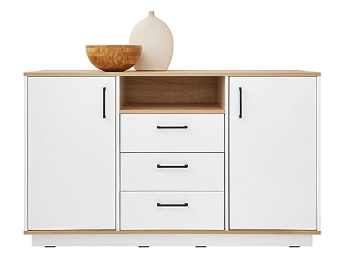 Mirjan24 Kommode Sintir SN06 mit 3 Schubladen, 2 Türen und 5 Fächer, Schubladenkommode B:140 x H:84 x T:40 cm Anrichte, Mehrzweckschrank für Wohnzimmer/Esszimmer (Weiß Lux + Biskuit-Eiche) von Mirjan24