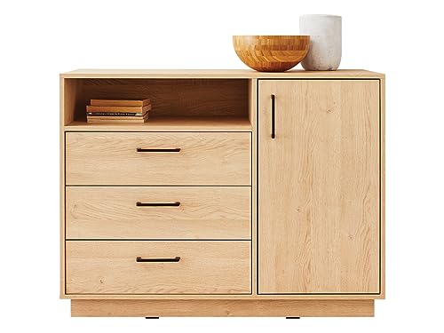 Mirjan24 Kommode Sintir SN07 mit 3 Schubladen, 3 Fächer und Tür Schubladenkommode B:110 x H:84 x T:40 cm Anrichte Mehrzweckschrank für Wohnzimmer/Esszimmer/Schlafzimmer (Biskuit-Eiche) von Mirjan24