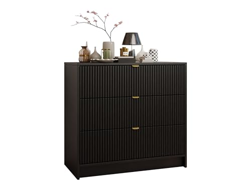 Mirjan24 Kommode Tireno 3SZ mit 3 Schubladen, geriffelte Fronten, Schubladenkommode, B:80 x H:75 x T:40 cm, Highboard, Anrichte, Sideboard, Mehrzweckschrank, Wohnzimmerschrank (Schwarz) von Mirjan24