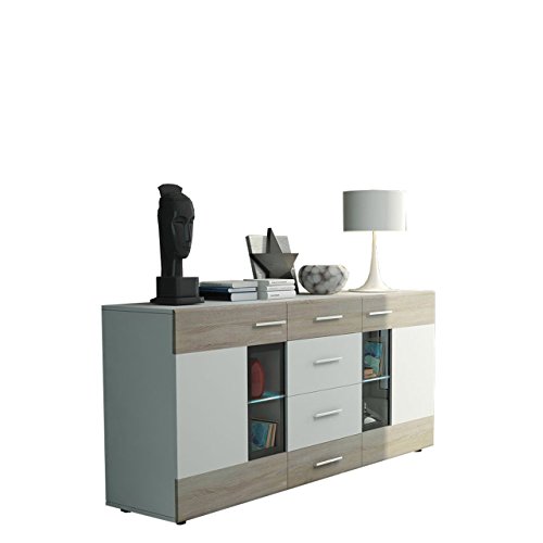 Mirjan24 Kommode Twist Anrichte Highboard Sideboard Schrank Naturtöne Mehrzweckschrank Wohnzimmerschrank, Anrichte (mit weißer LED Beleuchtung, Weiß/Eiche Sonoma + Weiß) von Mirjan24