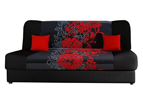 Mirjan24 Schlafsofa Jonas Sving, Sofa mit Bettkasten und Schlaffunktion, Bettsofa mit Blumenmuster, Schlafcouch, Alova 04 + Sving Schwarz + Alova 46 , 195 x 87 x 86 cm von Mirjan24